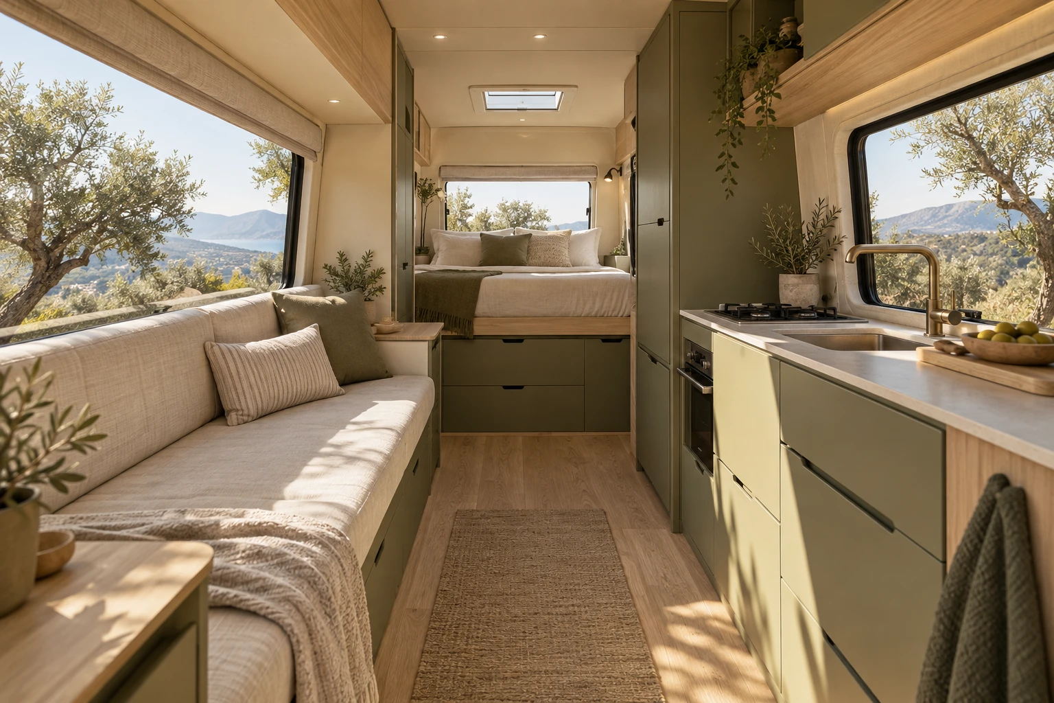 Interior cálido de una autocaravana en tonos verde oliva y marfil
